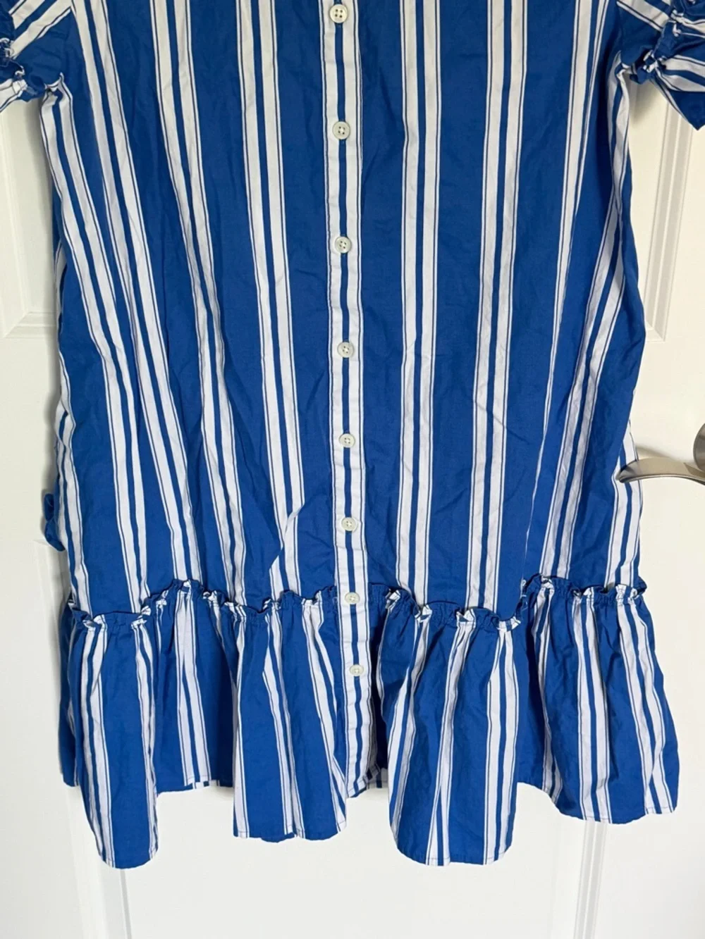 J. Crew Royal Blue & White Striped Ruffle-Sleeve Mini Shirt-Dress 2 54857
